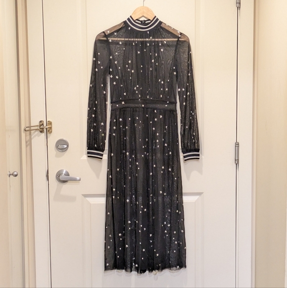 Tory Burch 0 Sheer Stretch Mesh Silver Star Print Dress with Sparkle Collar - Picture 10 of 13